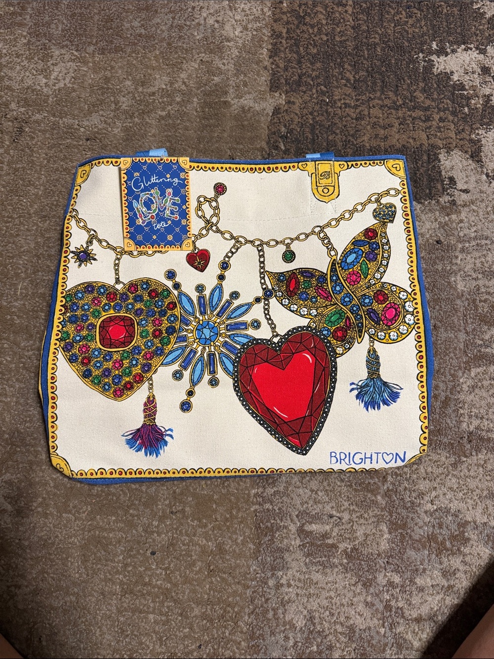 Brighton Cream and Blue Tote Bag with Red, Blue, Gold and Multicolor Jewel Motif